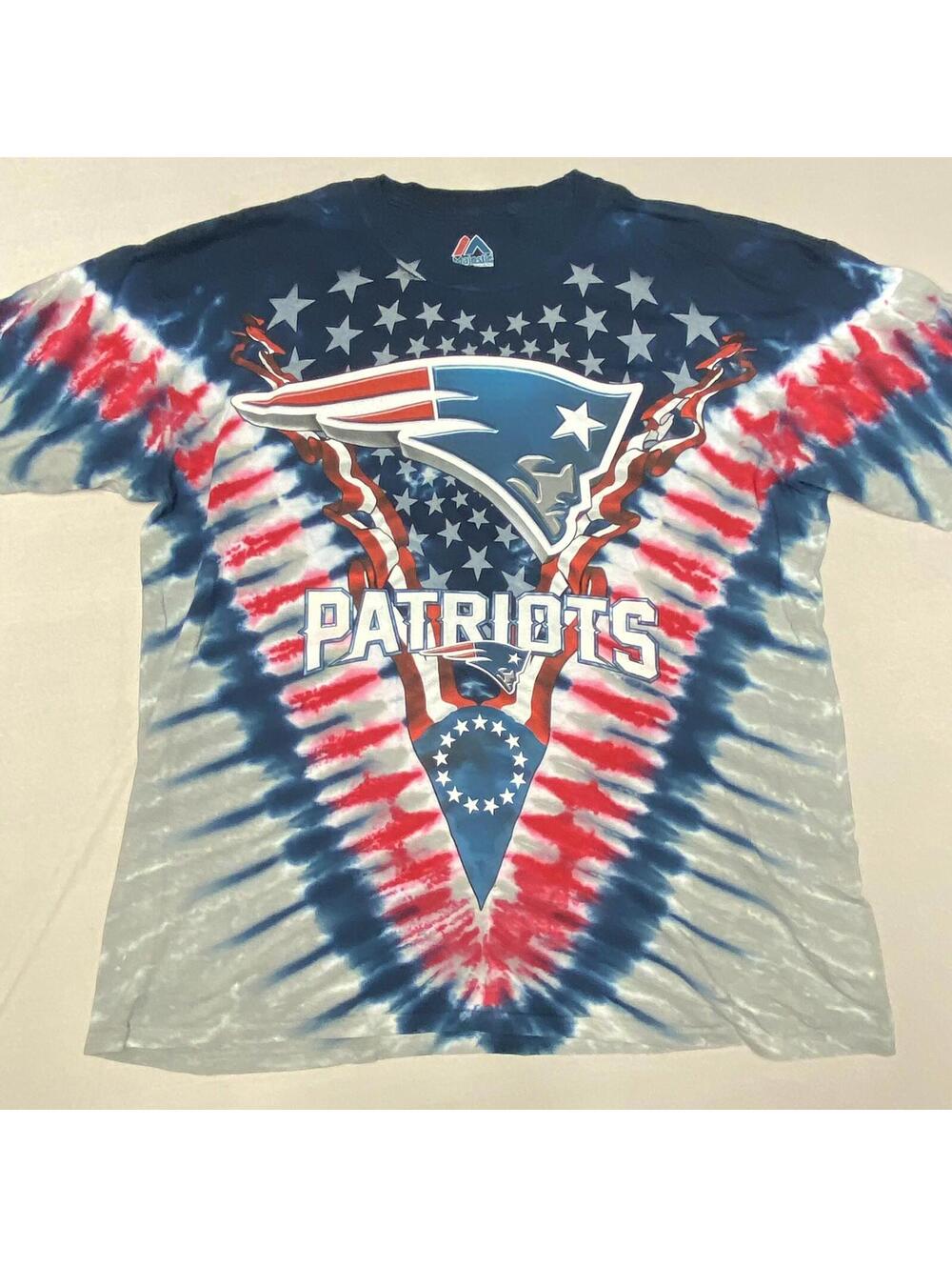 New England Patriots Shirt Men LRG/XL Blue Short Sleeve Tie Dye Double Sided Y2K